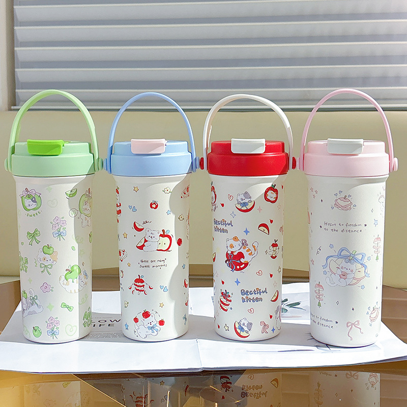 新款创意保温杯高颜值316不锈钢双饮吸管水杯可爱女生便携手柄杯