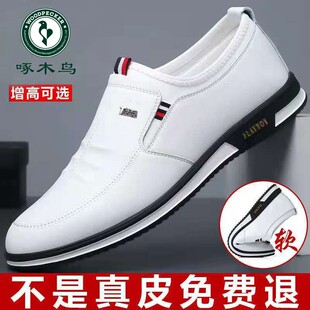 啄木鸟男鞋春秋新款真皮软底男士小白鞋商务内增高百搭休闲真皮鞋