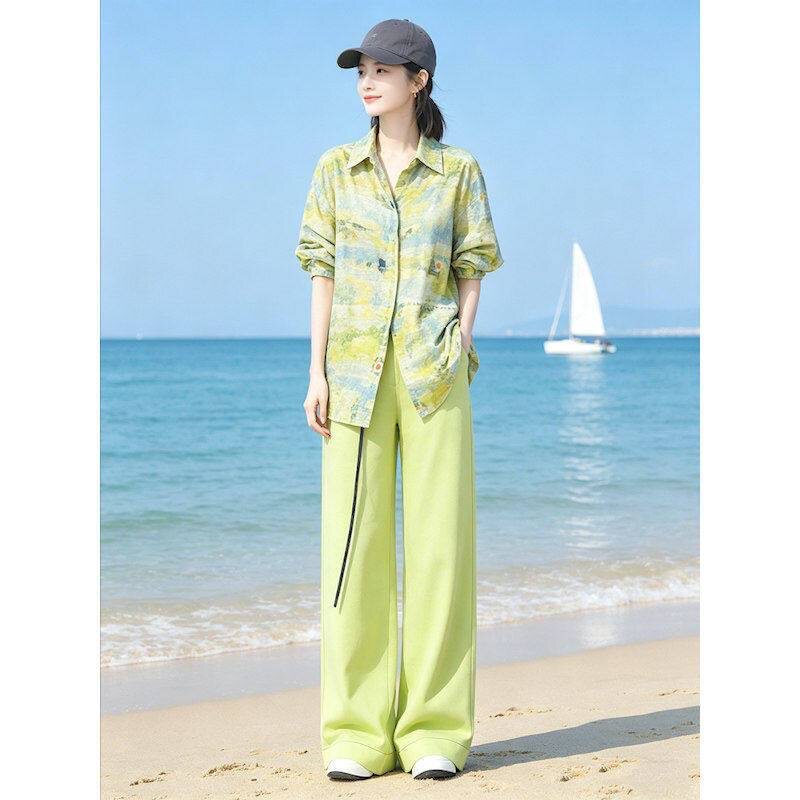 松弛感度假风夏季印花衬衫阔腿裤两件套潮夏日新款休闲运动套装女