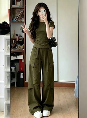 2026夏装穿搭一整套女装修身显瘦短袖T恤工装阔腿裤休闲两件套装