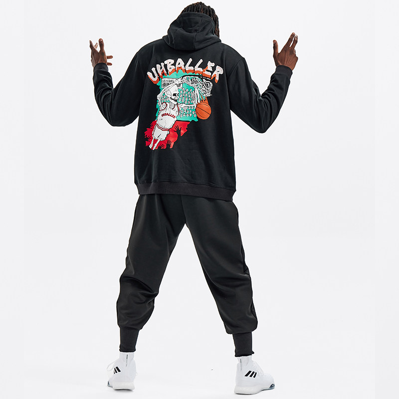 UH男子春秋连帽卫衣潮流美式宽松大码上衣男款运动健身帽衫骷髅头