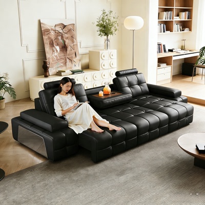 意式轻奢黑色大黑牛劳伦斯沙发客厅头层牛皮电动功能真皮沙发新款
