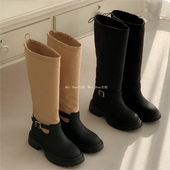 韩国东大门代购 时尚 皮带扣厚底拼色多穿法褶皱抽绳堆堆靴高筒长靴