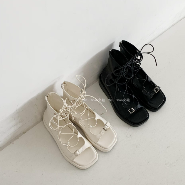 韩国东大门代购小众增高厚底凉靴后拉链露趾交叉绑带罗马凉鞋夏季