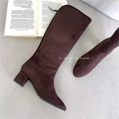 韩国东大门代购 法式 复古风绒面后拉链开叉粗跟圆头不过膝高筒长靴