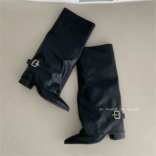 裤管靴套筒粗跟不过膝高筒长靴