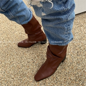 韩国东大门代购 25秋季 舒适百搭软皮慵懒风粗跟套筒中筒靴堆堆靴