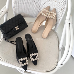 韩国东大门代购 女 25春夏气质仙女风尖头方扣水钻缎面细跟包头拖鞋