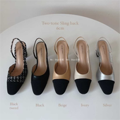 韩国东大门代购 粗跟后绊带镂空高跟单鞋 春夏时尚 百搭拼色包头凉鞋