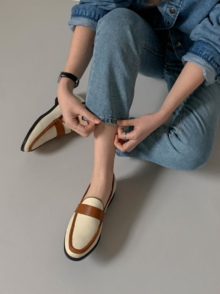 韩国东大门2024春季新款英伦风拼色低跟乐福鞋百搭单鞋小皮鞋通勤,女鞋,乐福鞋（豆豆鞋）,淘宝优惠券,粉丝福利购,淘宝优惠卷
