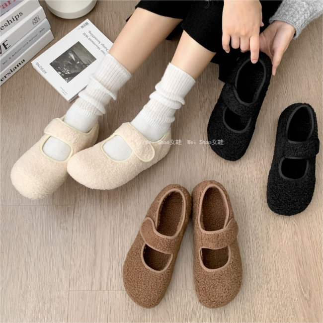 Wei Shao女鞋冬季加绒保暖一字带魔术贴毛毛鞋浅口圆头平底棉鞋,女鞋,棉鞋,淘宝优惠券,粉丝福利购,淘宝优惠卷