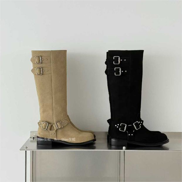 韩国东大门代购复古风皮带扣骑士靴套筒粗跟麂皮不过膝高筒长靴