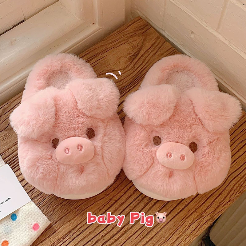 可爱卡通粉色小猪毛绒棉拖鞋女秋冬居家用保暖包头棉鞋亲子儿童