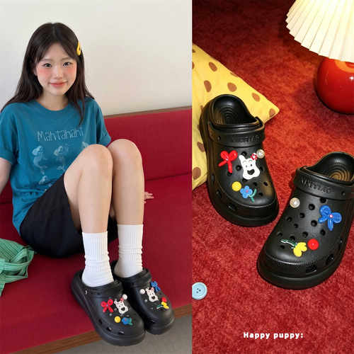 多巴胺彩色小花狗狗洞洞鞋轻便厚底增高小个子户外女夏季度假凉拖