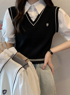 夏季学院风小众衬衣女polo领马甲假两件短袖衬衫法式独特别致上衣