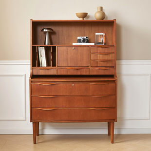 丹麦中古风缅甸柚木秘书柜 复古樱桃木家用伸缩书桌 写字台收纳柜