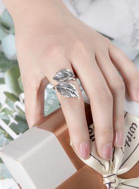 S925纯银手工复古泰银树叶子戒指个性夸张时尚宽面女食指开口指环