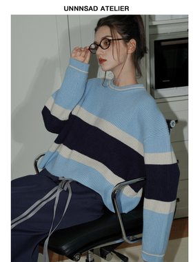 UNNNSAD 知识分子学院风重磅宽松慵懒蓝色条纹针织衫外套毛衣