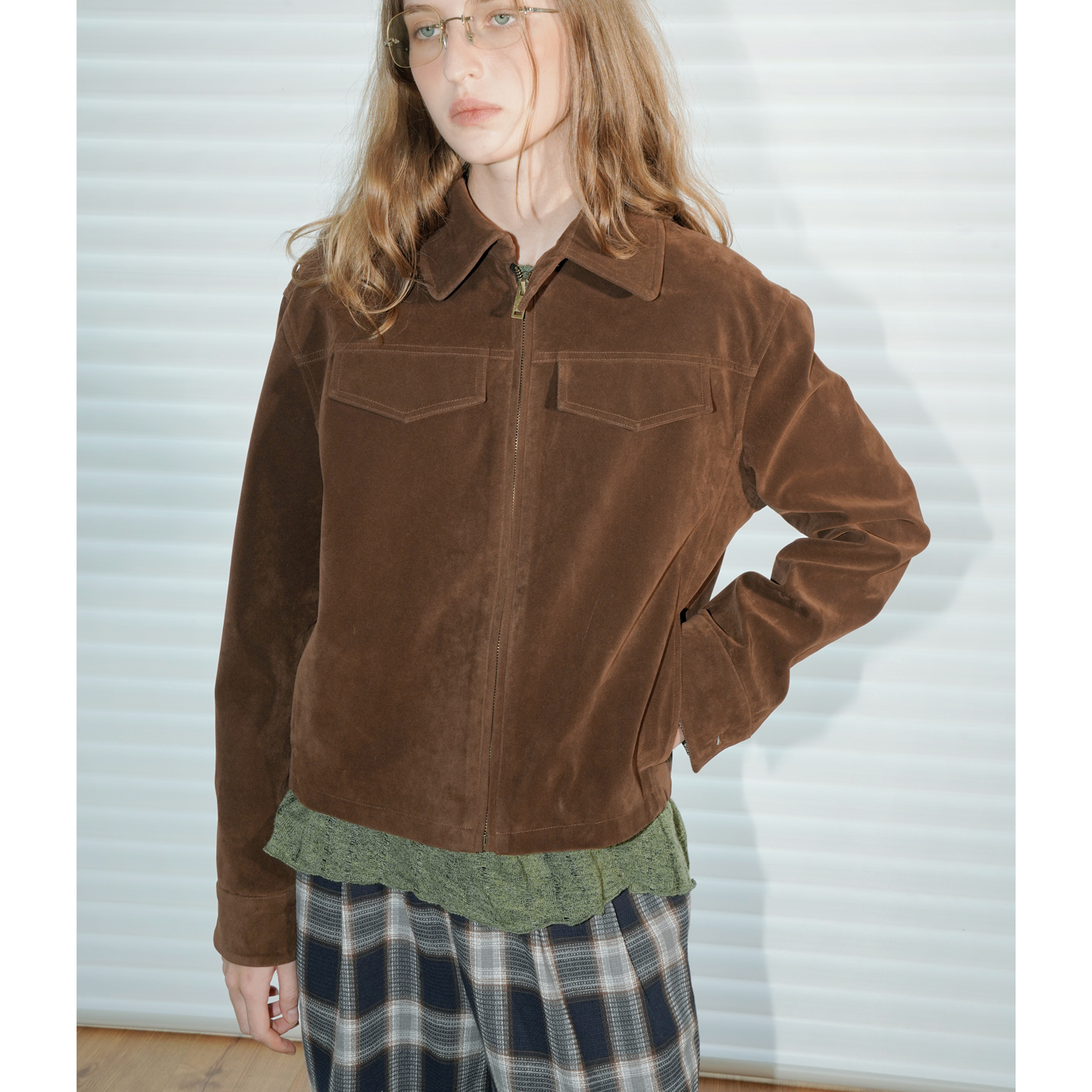 短款仿牛反绒翻领夹克外套