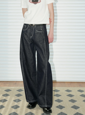 UNNNSAD 复古原色丹宁黑弯刀牛仔裤收褶明线宽松阔腿显高长裤