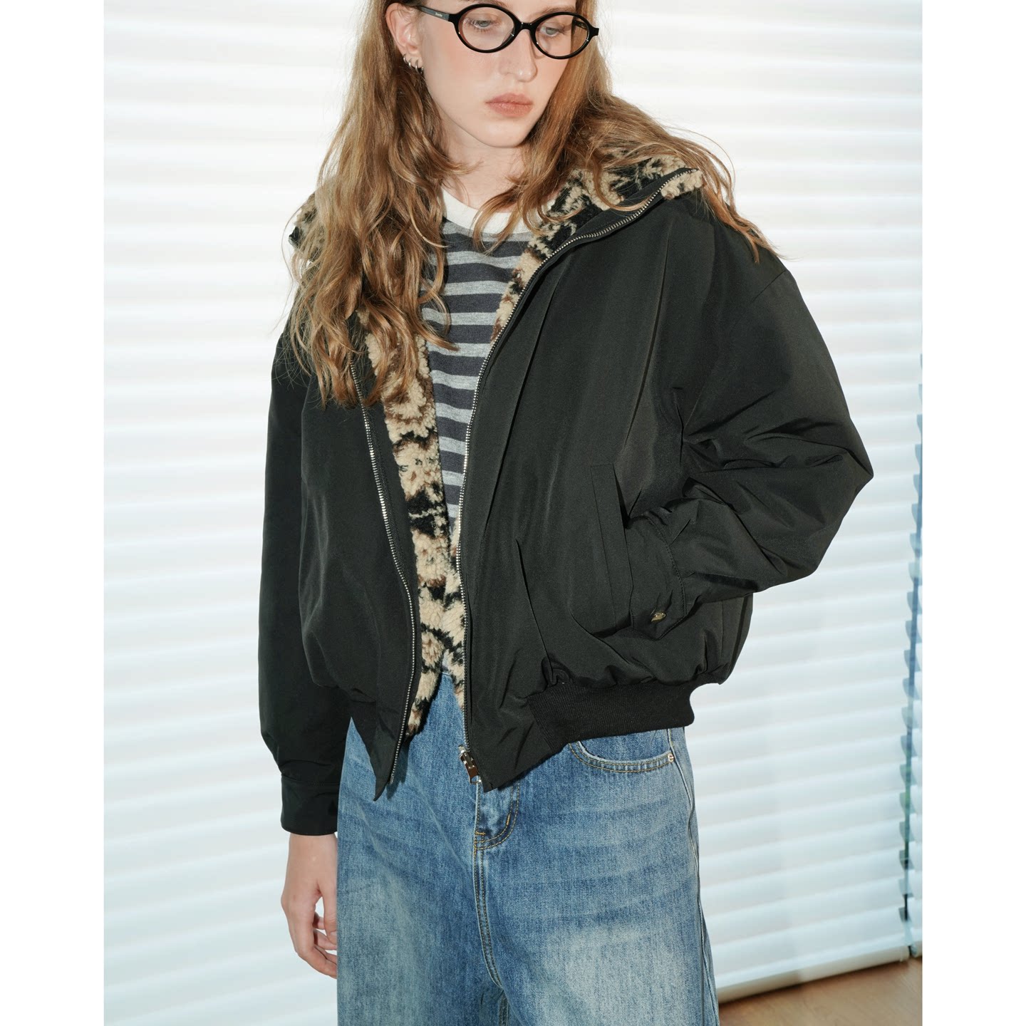 UNNNSAD 双面穿棉服 费尔岛羊羔绒保暖立领女士阔版宽松外套上衣