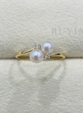 专柜高品质型定制akoya天然海水珍珠18k黄金镶嵌3分钻石珍珠戒指