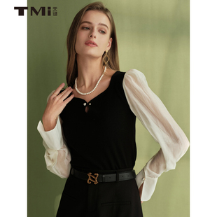 女装 V领优雅上衣2024春季 TMi241050 通勤淑女拼接长袖 天谜针织衫