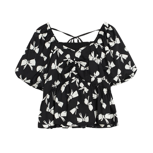 天谜小衫方领法式蝴蝶结印花淑女上衣2024夏季女装TMi242062