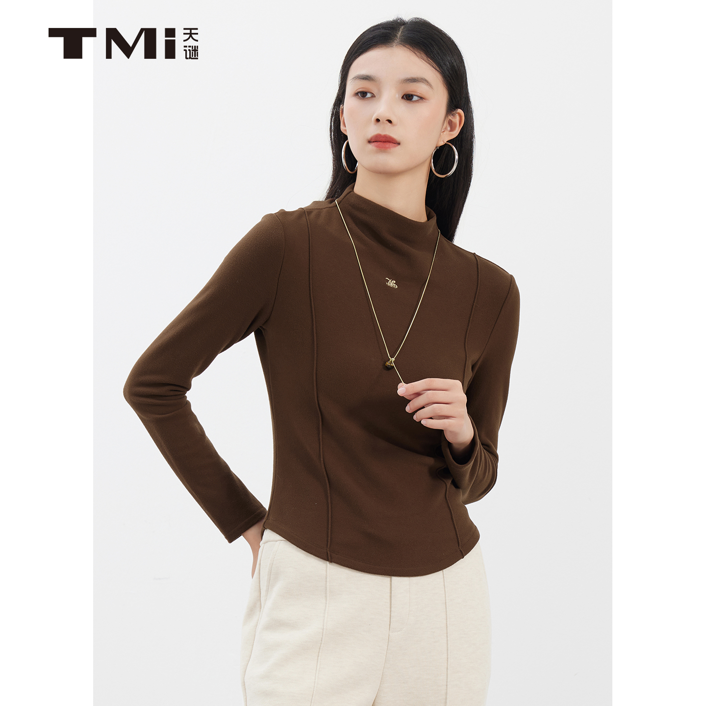 天谜半高领长袖休闲打底衫