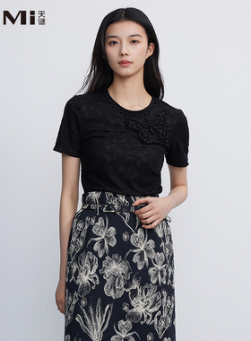 天谜蝴蝶串珠小衫弹力黑色优雅气质T恤衫2025夏季女装TMi252042