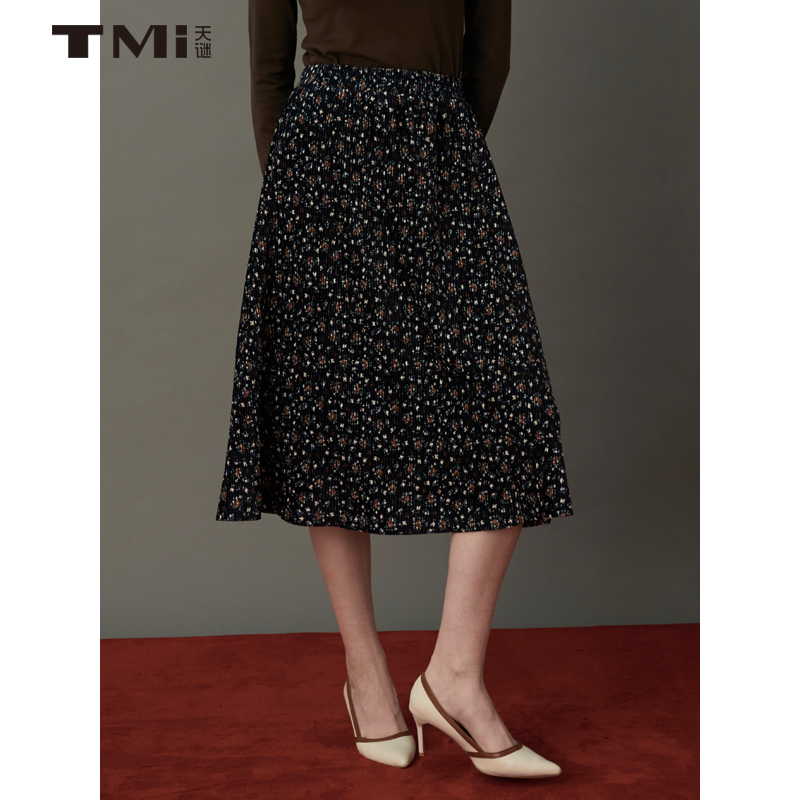 天谜碎花复古百褶半身裙