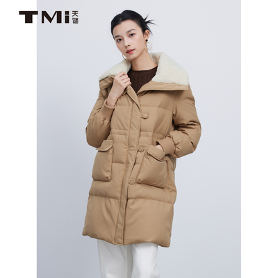 天谜翻领拼接中长款羽绒服