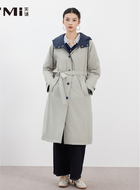 天谜轻薄风衣款羽绒服连帽灰色时尚中长款2025冬季女装TMi254175