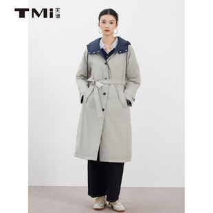 天谜轻薄风衣款羽绒服连帽灰色时尚中长款2025冬季女装TMi254175