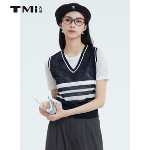 天谜减龄时尚针织衫假两件短袖透气上衣2025夏季女装TMi252175