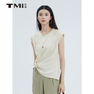TMi252120 女装 天谜设计感花朵T恤圆领淡人时尚 棉质上衣2025夏季