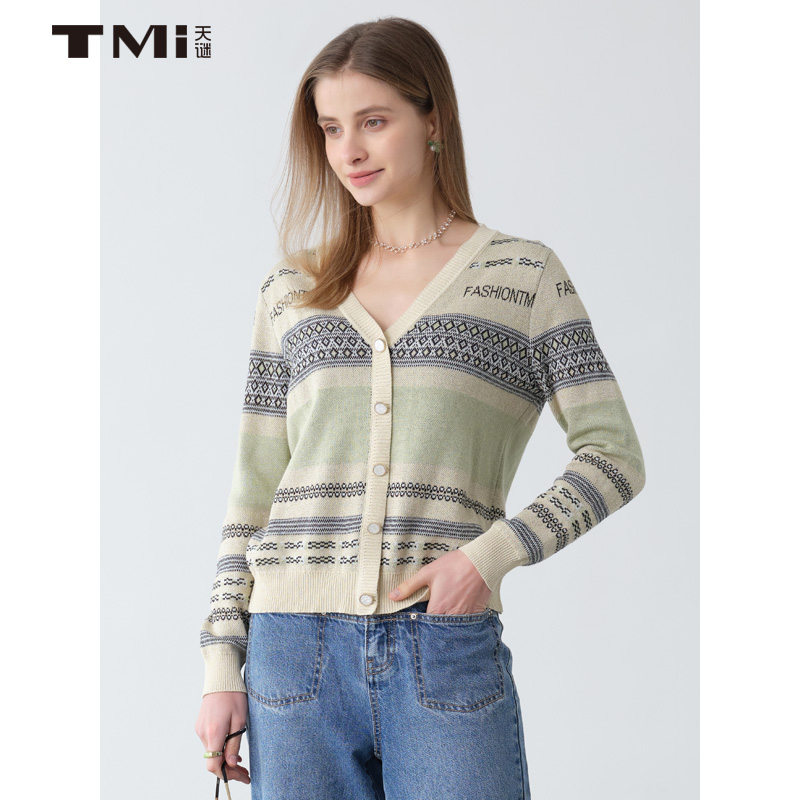 天谜棉质开衫V领修身提花