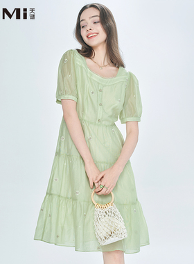 天谜连衣裙小花方领清新淑女百褶中长裙2024夏季女装TMi242146