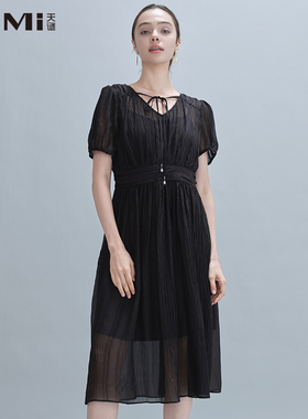 天谜连衣裙黑色优雅系带肌理简约长裙2024夏季女装TMi242148