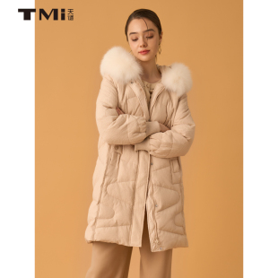 天谜羽绒服连帽压花肌理感中长款外套2023冬季女装TMi234010