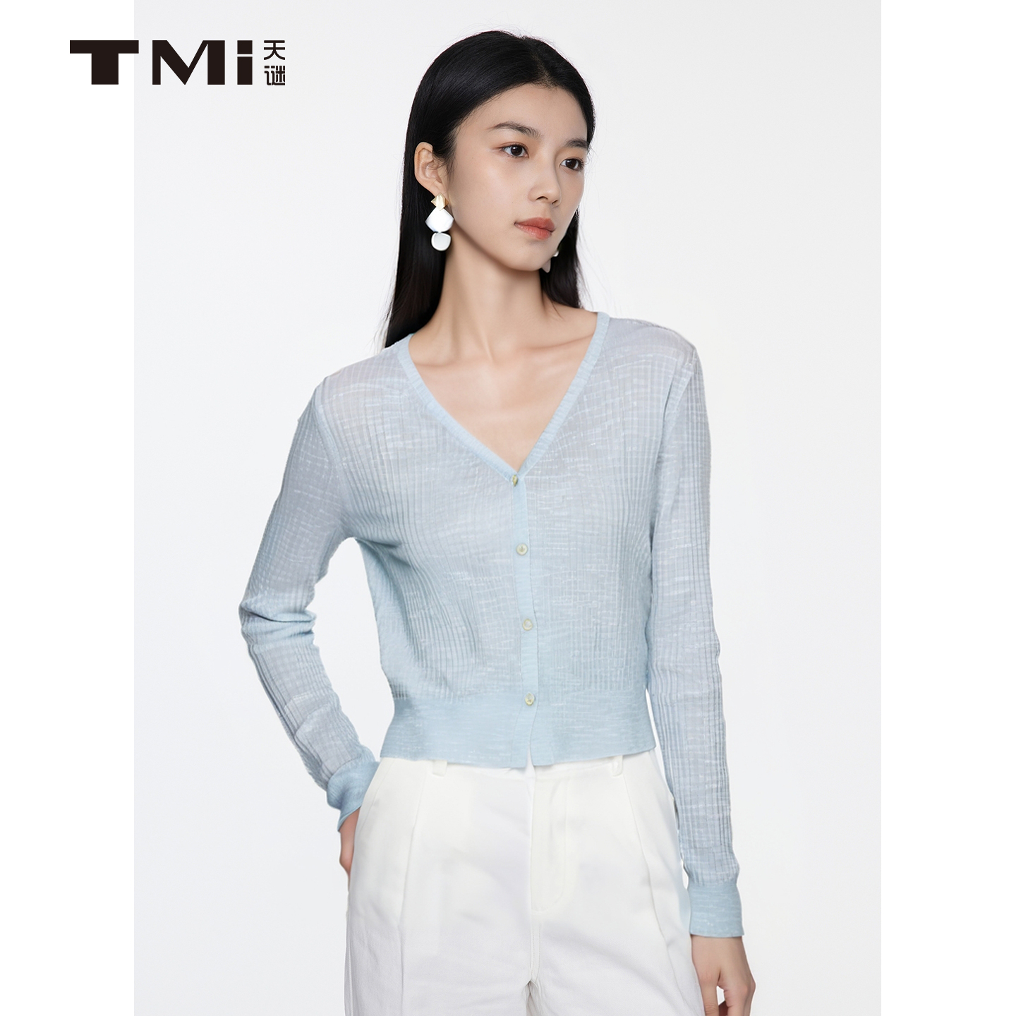 天谜V领淑女简约毛织空调衫
