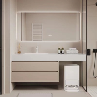 扫地机器人浴室柜加宽岩板陶瓷无缝一体盆镜柜边柜定制洗漱洗手台