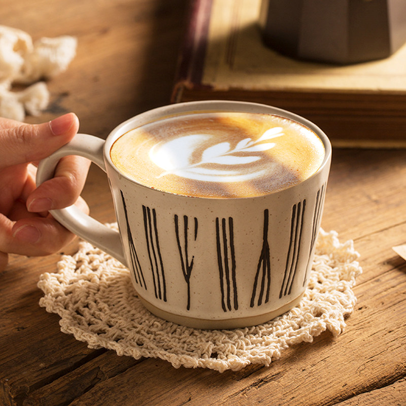 象有秘密日式复古咖啡杯带勺创意手作粗陶马克杯家用水杯早餐杯子