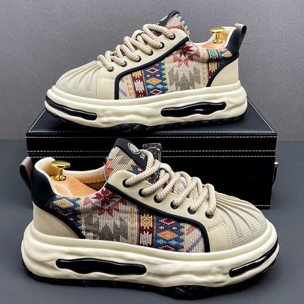 潮牌男鞋复古印花潮鞋秋冬季加绒保暖棉鞋软底板鞋子拼色休闲鞋男