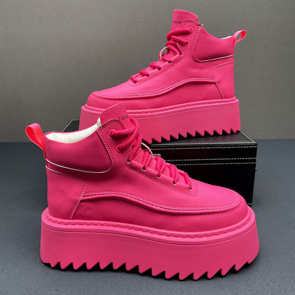 欧洲站潮牌男鞋火龙果色厚底高帮鞋白色短靴小众原创户外马丁靴子