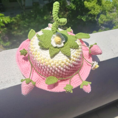 粉色草莓宝宝帽子毛线手工编织玩偶可爱小帽子创意礼物diy材料包