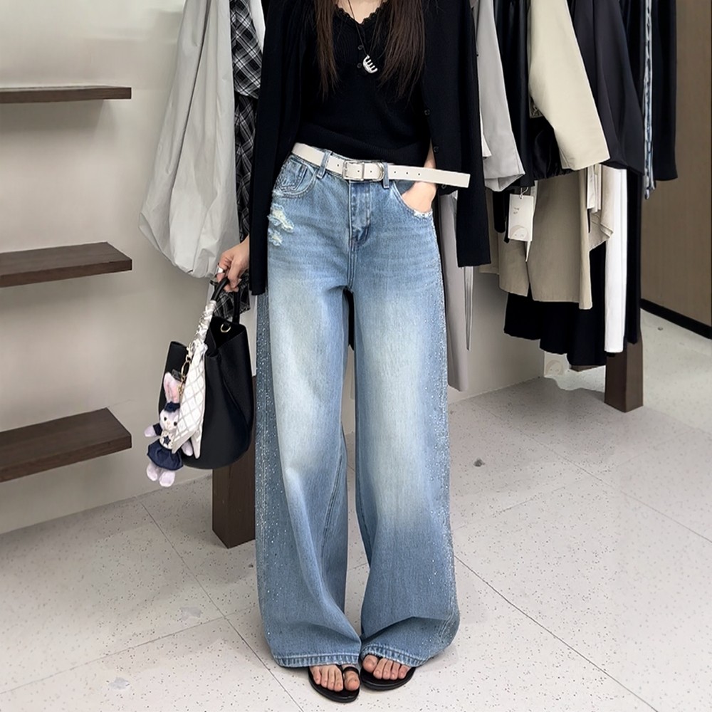 BEKISS贝斯7928阔腿牛仔裤女2026早春新款直筒裤满天星烫钻拖地裤