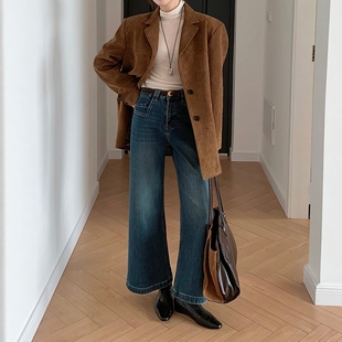 BEKISS贝斯7862加绒直筒喇叭牛仔裤女冬季新款微喇裤高腰加厚裤子