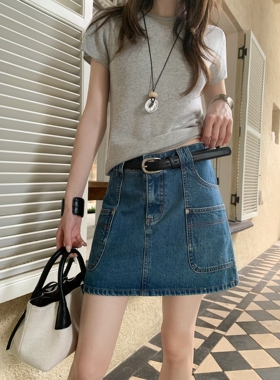 BEKISS贝斯7970牛仔短裙女夏季新款半身裙高腰显瘦薄款口袋A字裙