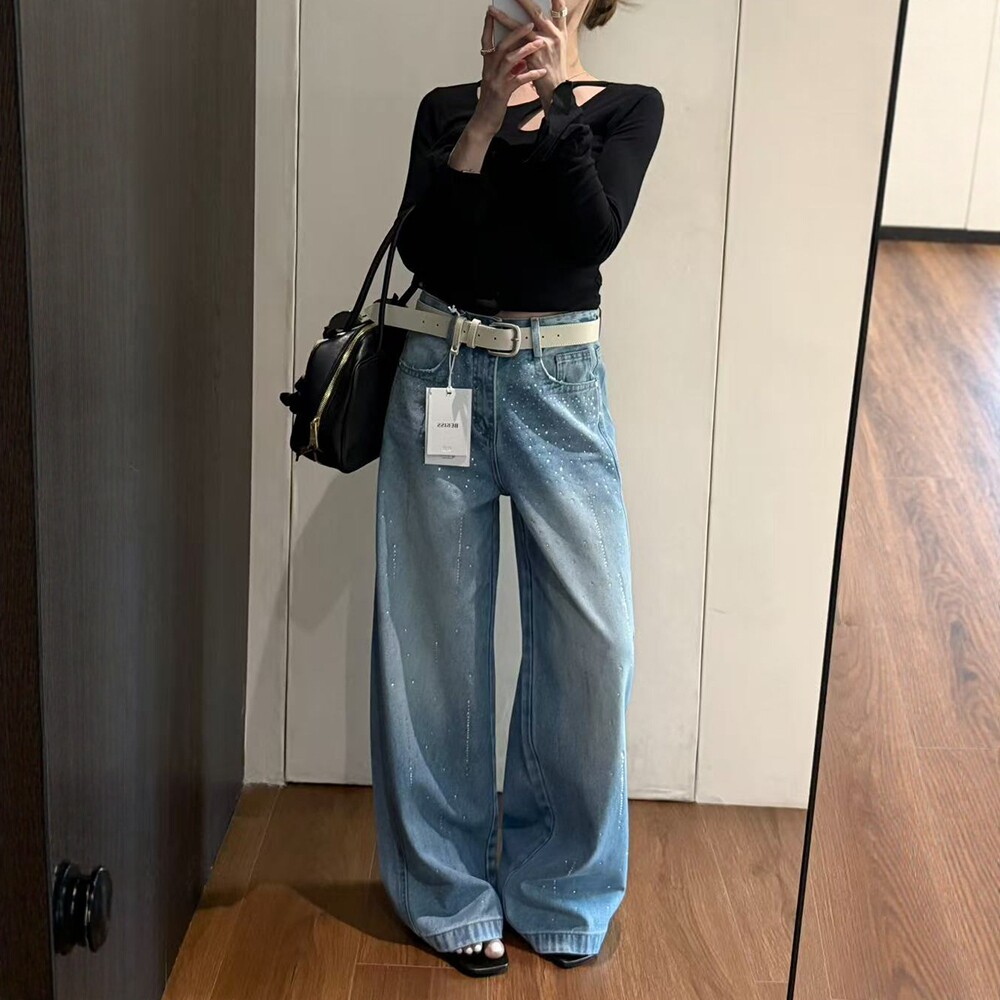 BEKISS贝斯7826阔腿牛仔裤女2026春季新款高腰直筒裤烫钻拖地甩裤